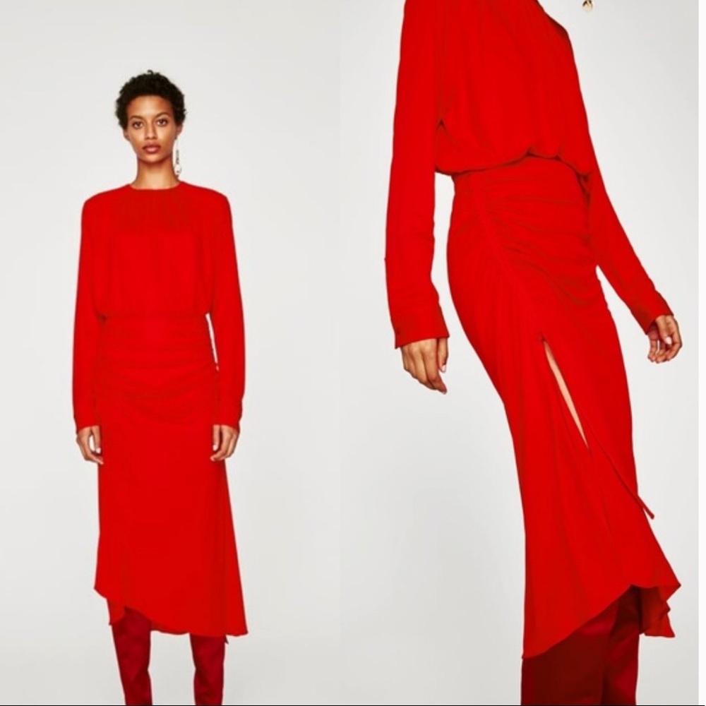 New Zara Studio Red Slit Matte Jersey Skirt